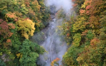 Autumn colours and steam clouds on the Oyasukyo Gorge