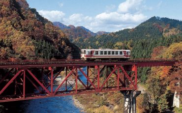El precioso follaje otoñal a lo largo de la línea de Tren Nairiku en la Prefectura de Akita