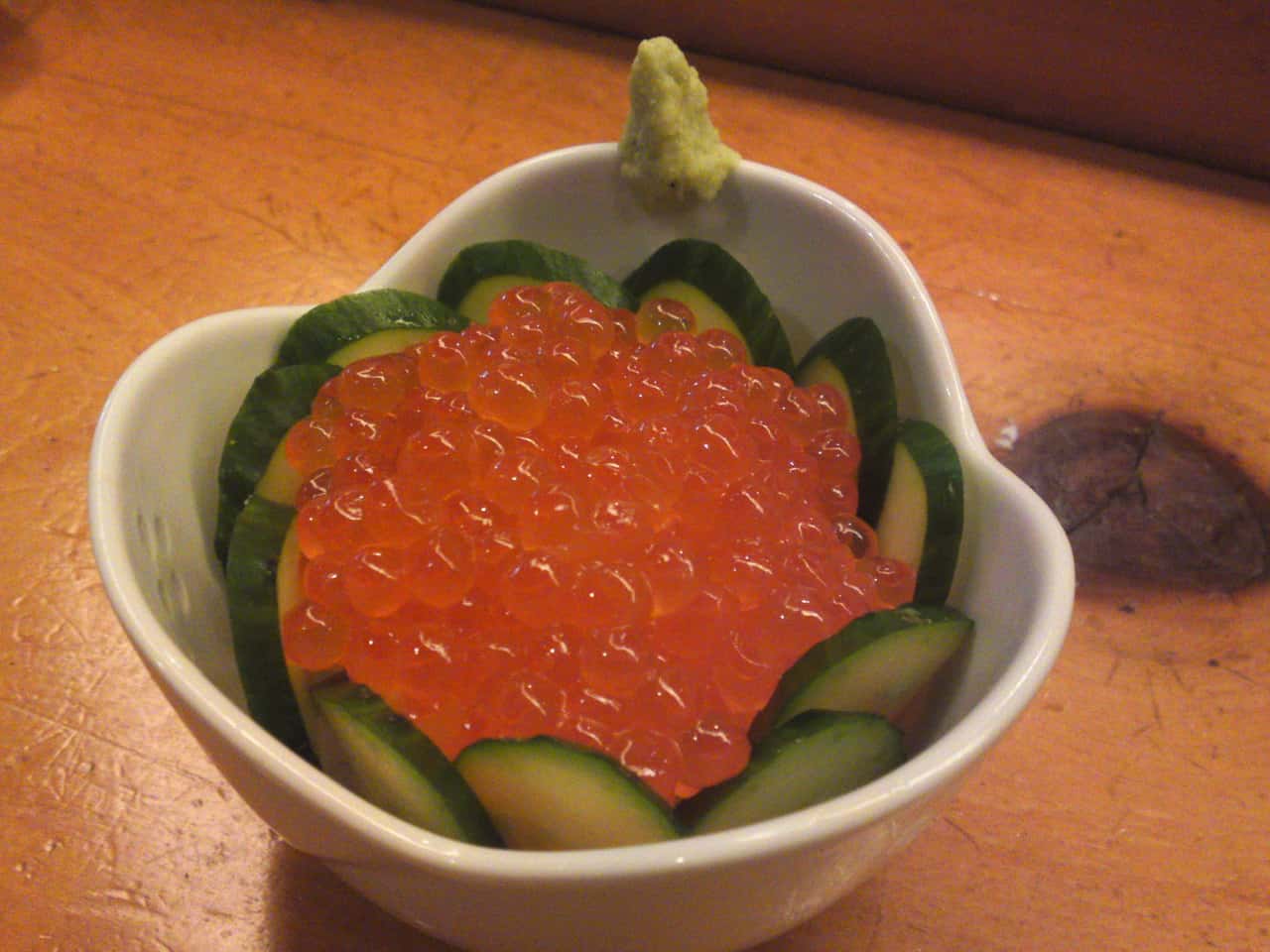 “Ikura/Salmon roe” ko donburi with sliced cucumber and grated fresh wasabi