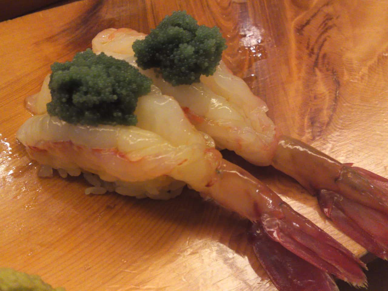 “Botan ebi/Large sweet prawns” nigiri topped with their roe