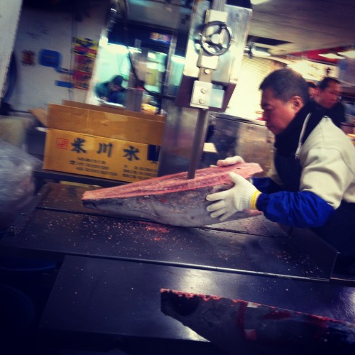 cutting tuna at Tsukiji fish wholesale market