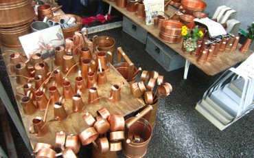 Various metal tools sold at the Kochi Sunday market.