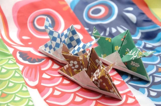 Origami samurai helmets and koinobori (carp streamers) representing Kodomo no Hi