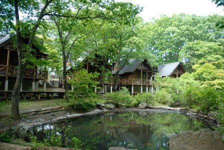 Log houses by the pond in Chichibu, Saitama