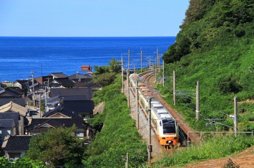 Taking JR Uetsu line along the Sea of Japan, Niigata prefecture, Japan.