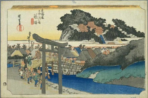 Another version of the 6th station in Fujisawa. You can see the Yugyo-ji bridge which still exists in Fujisawa today. Artist: Utagawa Hiroshige.