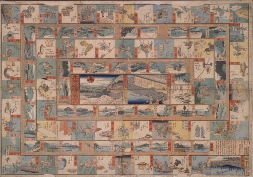 Sugoroku board game - Theme : perambulating along the Tōkaidō, each square represents one of the 53 post stations. Format: 53,4 × 74,8 cm. Artist: Utagawa Hiroshige