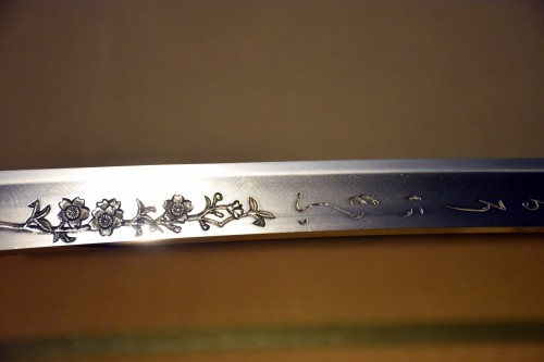 One of the swords at Bizen Osafune museum with engraved cherry blossoms