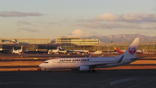an airplane with mount Fuji!