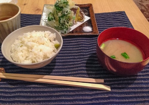 Miso soup, Tempura, and Rice. 