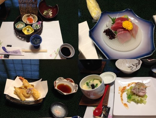 A Cross-section of Foodie-Heaven: Fresh squid with various salads, Sashimi, Tempura, and Chawanmushi