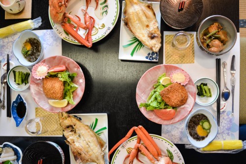 A seafood dinner which was offered by Minshuku Takimoto on Sado island, Niigata, Japan