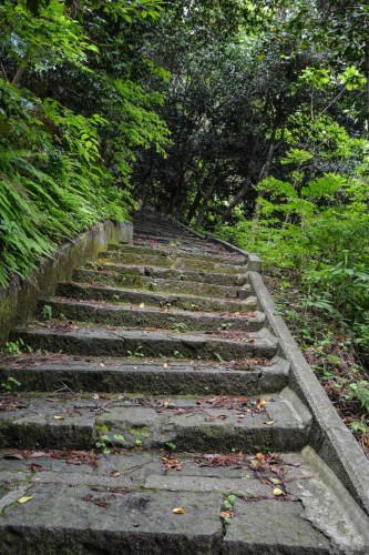 The steep stairs to reach to the top of the mountain to Hakogata Hachimangu in Gatsugi