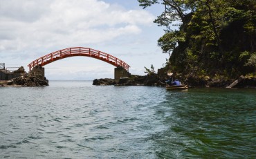 The red bridge connects between Yashima and Kyoshima to Ogi on Sado island, Niigata, Japan.