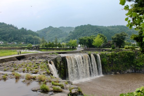 Tree-covered Hills Surrounding Harakiri Falls in Oita prefecture, Kyushu, Japan.
