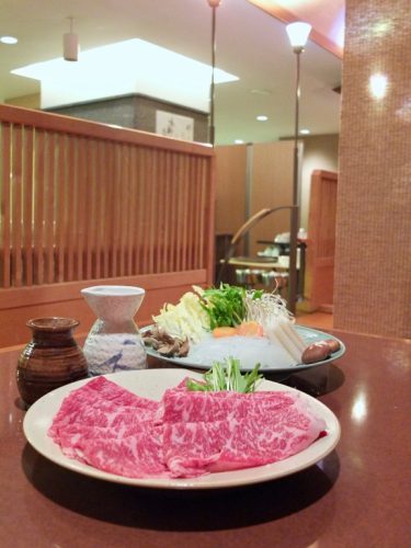 Shabu shabu Wagyu beef and vegetables at the Naeba Prince Hotel Matsukaze Restaurant
