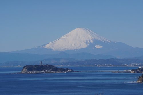 The Mount Fuji and Enoshima view from Imamuragasaki Park.
