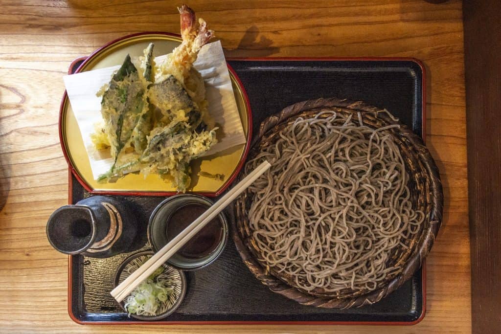 Soba noodle dish tasted before starting Nakasendō hike, Gifu prefecture, Japan