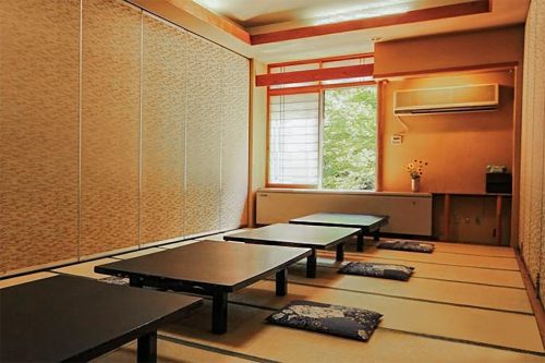 The breakfast room at Iwasu-so hostel in Nakatsugawa, Gifu prefecture, Japan