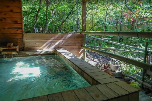 Onsen facing outside at Iwasu-so hostel in Nakatsugawa, Gifu prefecture, Japan