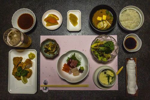 Japanese-style dinner at Iwasu-so hostel in Nakatsugawa, Gifu prefecture, Japan