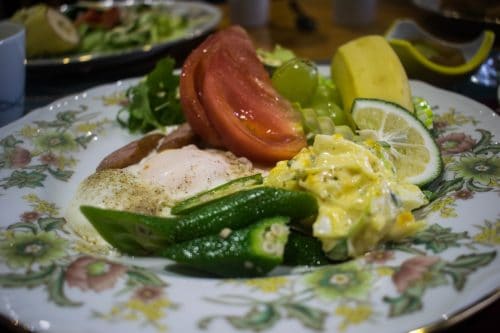 Breakfast from fresh ingredients at a farm near Usuki City, Oita Prefecture, Japan