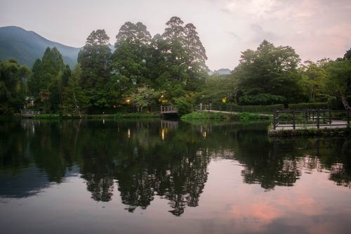 Kirin Lake steps away from Yunotake-an Restaurant in Yufuin, Oita Prefecture, Japan