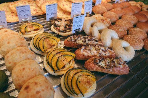 Bakery showcase in all Es Koyama shops, Sanda, Hyogo Prefecture, Japan