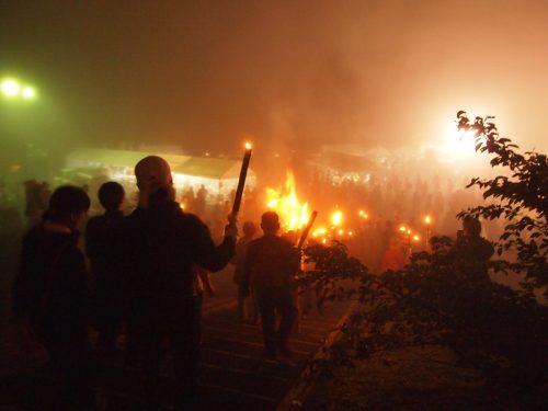 a sacred torch-lit parade begins every year at Mt Daisen, Tottori, Japan.