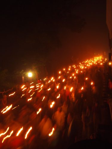 a sacred torch-lit parade begins every year at Mt Daisen, Tottori, Japan.