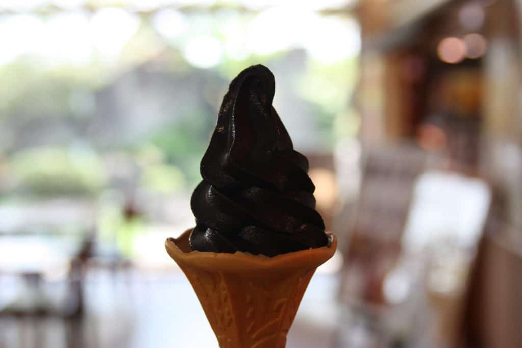 bamboo charcoal soft cream, a local speciality in Fukuoka, Kyushu, Japan.