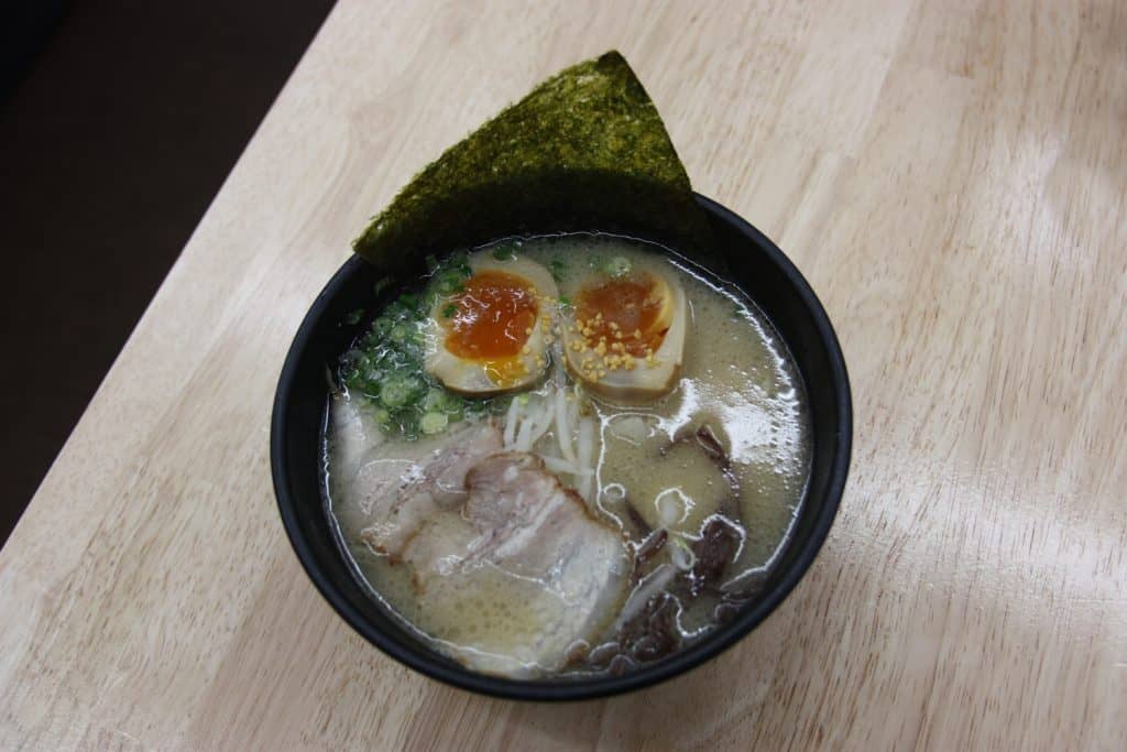 tonkotsu ramen and bamboo charcoal soft cream in Fukuoka Prefecture, Kyushu, Japan.