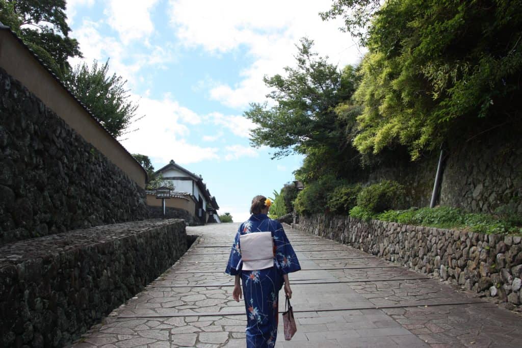 Wearing kimono for a walk in a samurai town, Kitsuki, Oita, Kyushu,Japan.