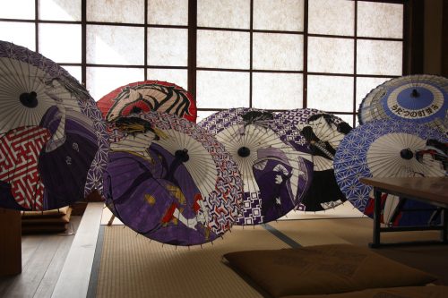 Fine Japanese umbrellas displayed in a workshop in Shikoku.