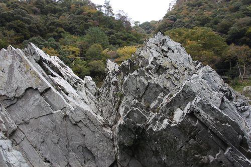 White rock formations of Oboke Gorge along the Yoshino River, Tokushima Prefecture.