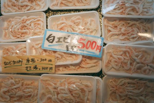 White prawns from Toyama Prefecture sold at the fish market.