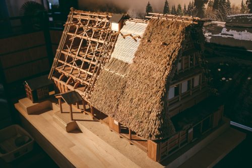Model of straw roof at UNESCO World Heritage site Gokayama village, Toyama Prefecture, Japan