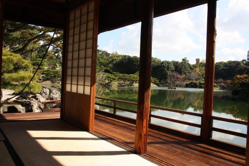 Kikugetsu-tei tea house in Ritsurin Garden in Takamatsu, Kagawa Prefecture in Eastern Shikoku.