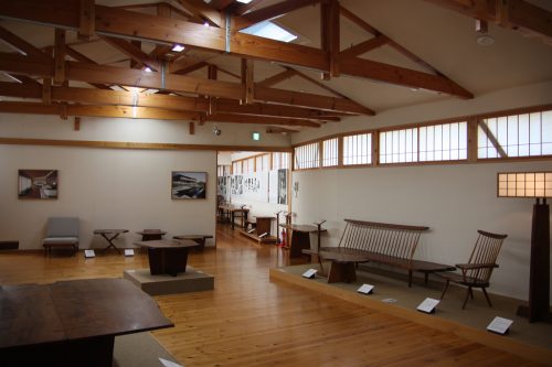 Modern wooden furniture at George Nakashima Memorial Hall.