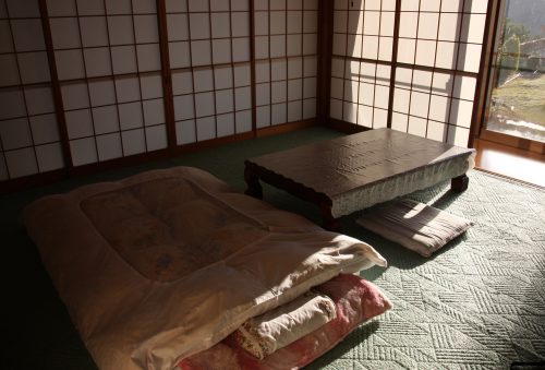 Traditional sleeping arrangements at Yuzu No Sato minshuku in Mima town, Tokushima, Shikoku.
