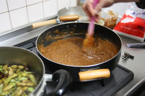 Making homemade yuzu miso at Yuzu No Sato minshuku in Mima town, Tokushima, Shikoku.