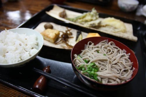 The finished meal including your homemade soba noodles in Nagoro village, Tokushima.