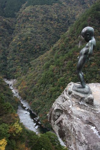 Peeing boy statue over Iya Valley, Tokushima in Eastern Shikoku.