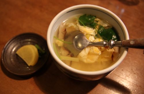 A hearty soup at Mingeichaya, an izakaya restaurant in Kurashiki, Okayama.
