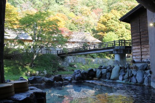 Outdoor hot springs at Osawa Onsen in Hanamaki, Iwate Prefecture, Japan.