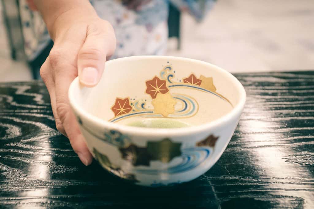 Bowl of matcha green tea at the museum dedicated to Sen no Rikyu, master of the tea ceremony, Sakai, Osaka, Kinki region, Japan