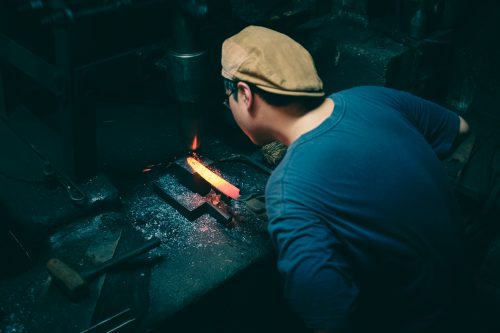 Manufacture of a knife in the forge of Mizuno Tanrenjo, Sakai, Osaka, Japan