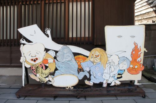 Yokai drawings along the Mizuki Shigeru Road in Sakaiminato, San'in region, Tottori, Japan