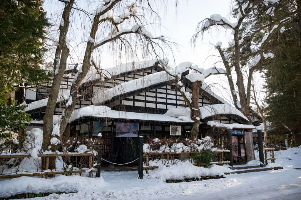 Snow covered buildings of Kakunodate, Akita.