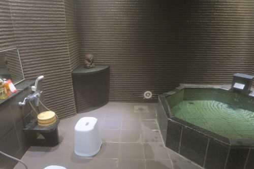 A private onsen hot springs bath at Ryokan Masagokan in Kakegawa, Shizuoka.